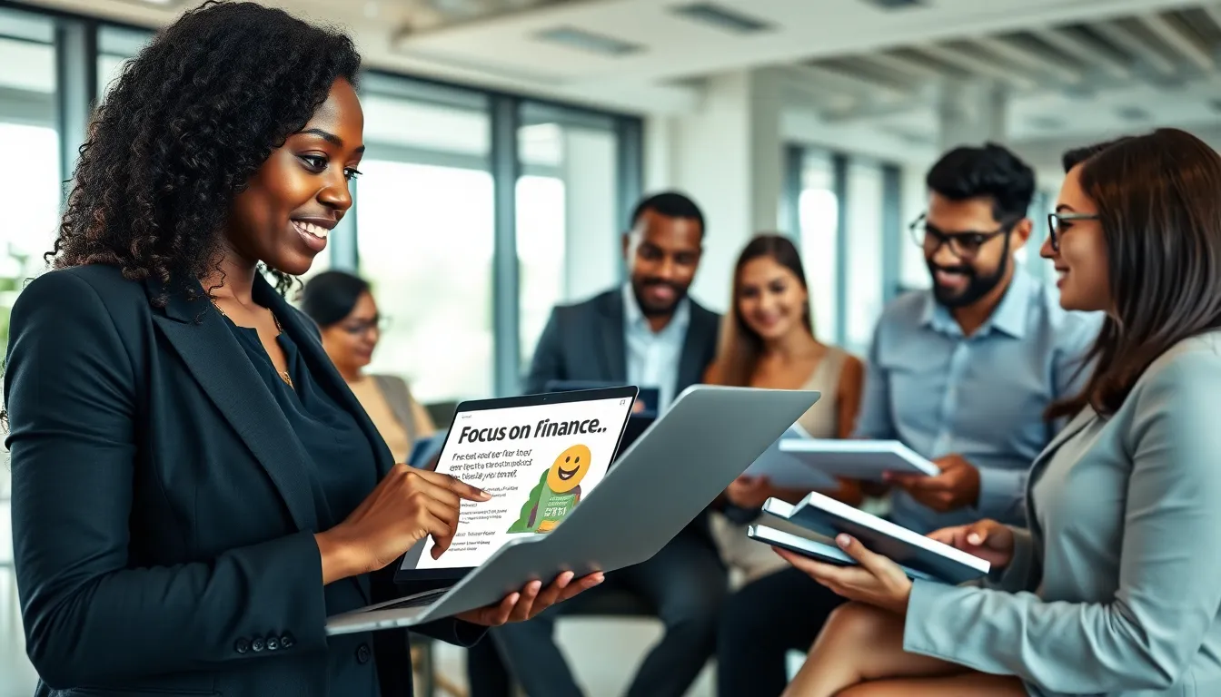 professionals discussing personal finance in a modern office.