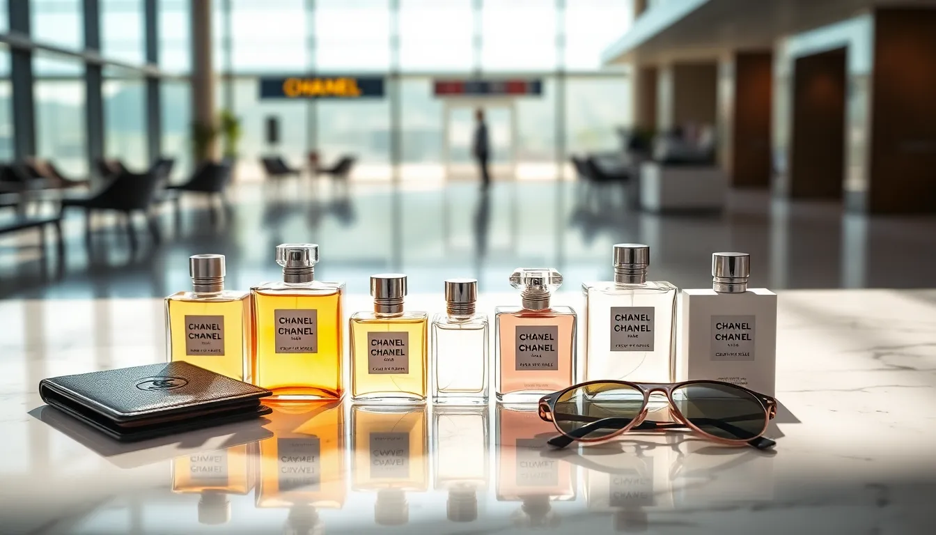 Chanel travel perfumes on a sleek marble table with travel accessories.