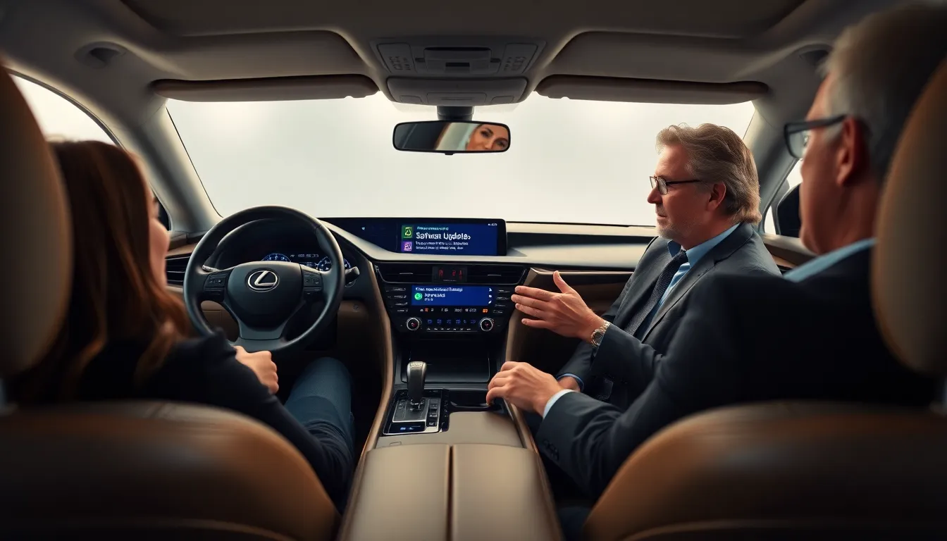 Lexus dashboard displaying a software update with professionals discussing.