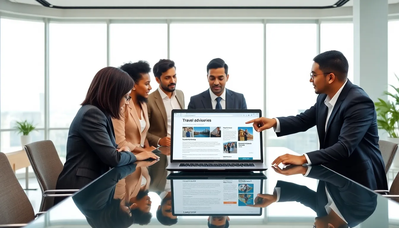 diverse team discussing travel advisories in a modern office.