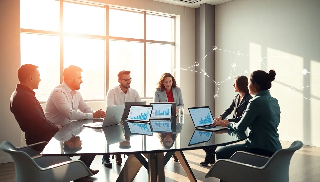 diverse team collaborating on trucking payroll software in a modern office.