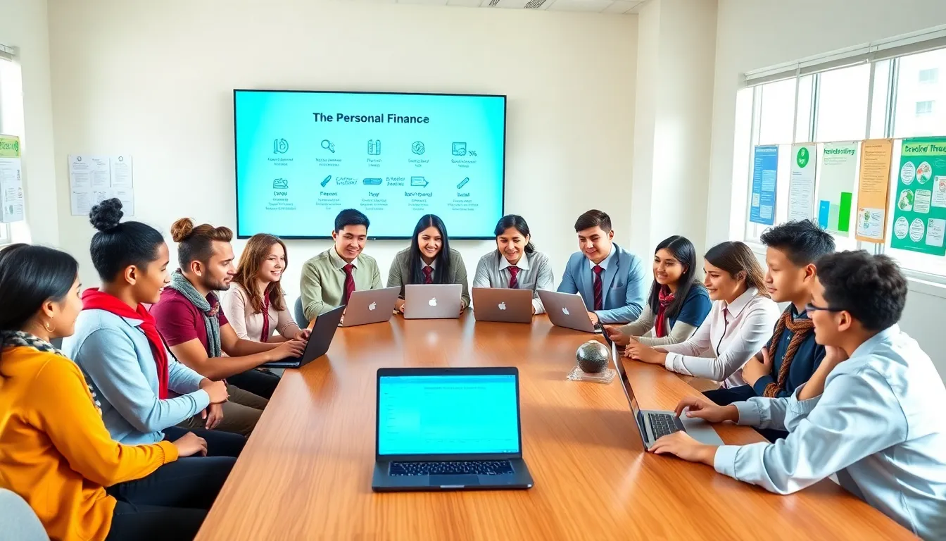 young individuals learning about personal finance in a modern classroom.