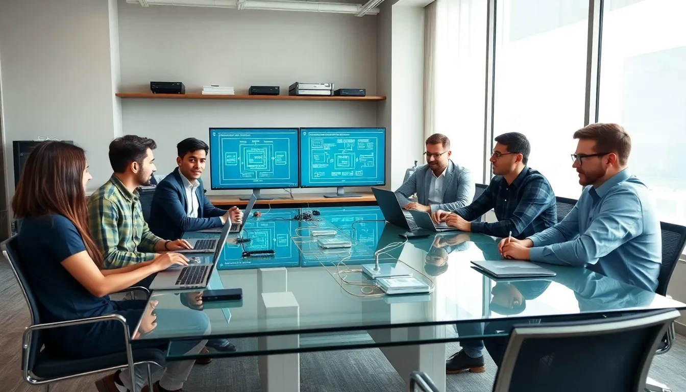 engineers discussing embedded systems in a modern office.