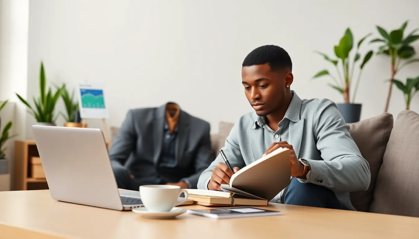 modern workspace with a Notion personal finance template on a laptop.