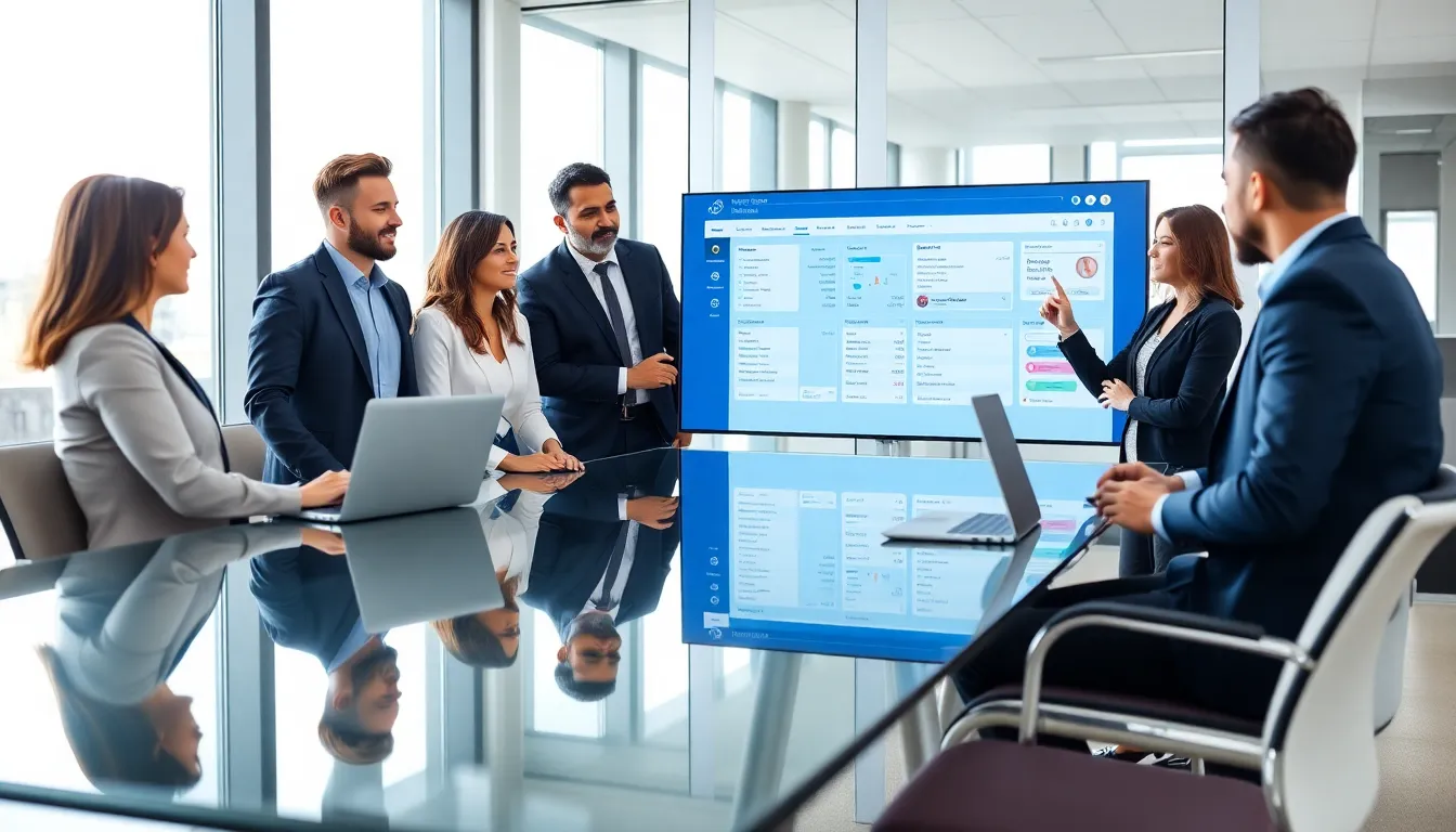diverse professionals collaborating over electronic invoice approval software.