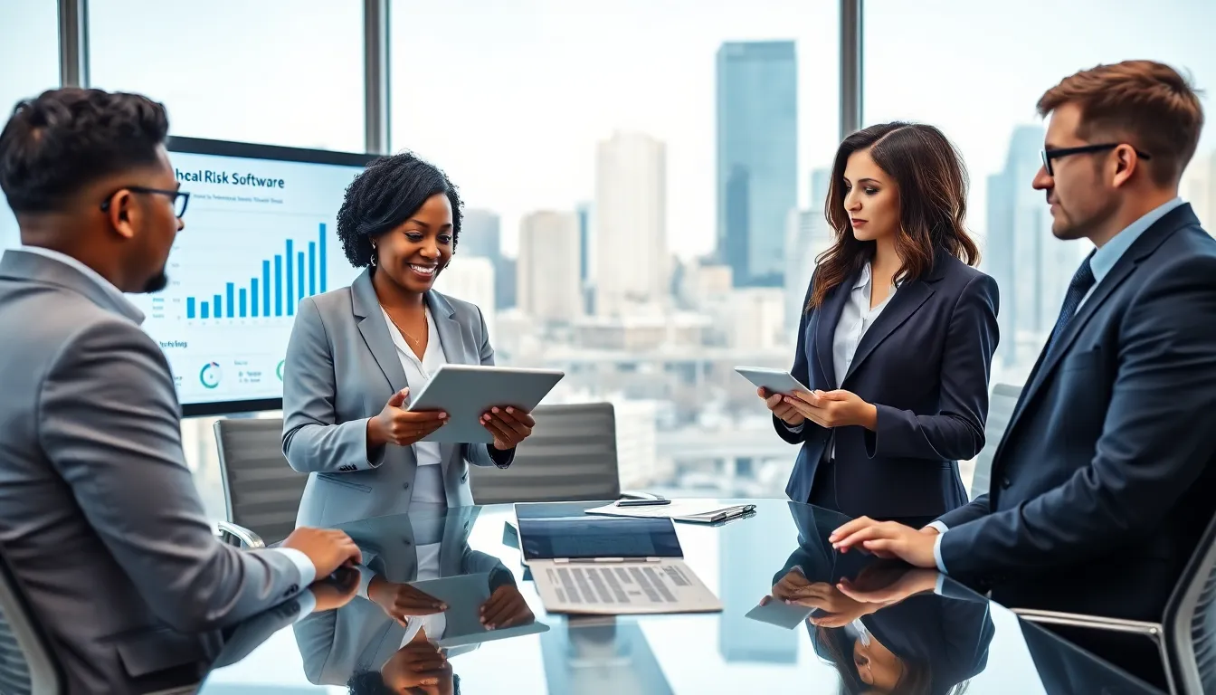 diverse healthcare team discussing risk management in a modern conference room.