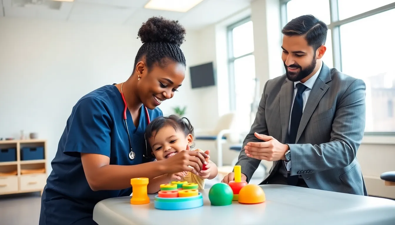 COTAs assisting a child in a modern therapy room.